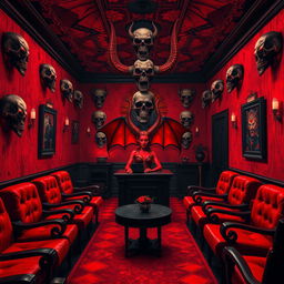 A spacious, relaxed waiting room in hell, decorated in red and black