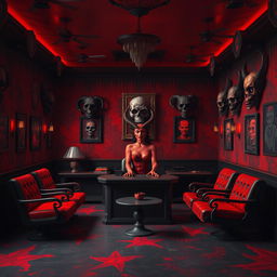 A spacious, relaxed waiting room in hell, decorated in red and black