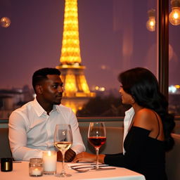 A young black man and a woman with black hair dining at a restaurant with a view of the Eiffel Tower