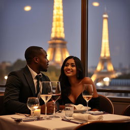 A young black man and a woman with black hair dining at a restaurant with a view of the Eiffel Tower