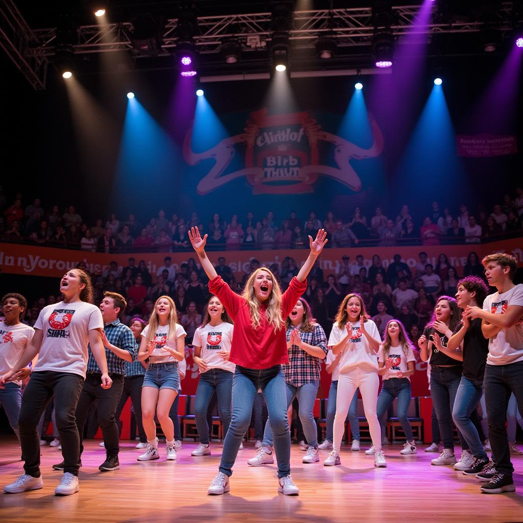 A vibrant scene of a high school musical performance with enthusiastic students singing and dancing on a brightly lit stage, surrounded by a cheering audience in a festive atmosphere