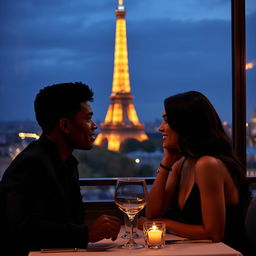 A young black man and a woman with black hair dining at a restaurant with a view of the Eiffel Tower