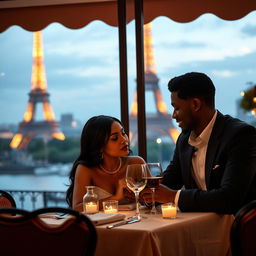 A young black man and a woman with black hair dining at a restaurant with a view of the Eiffel Tower