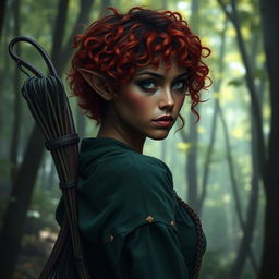 Create an image of a female elf with short, curly red hair, dark skin, dressed in ancient green attire, and carrying a bow on her back