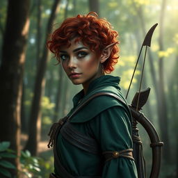 Create an image of a female elf with short, curly red hair, dark skin, dressed in ancient green attire, and carrying a bow on her back