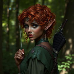 Create an image of a female elf with short, curly red hair, dark skin, dressed in ancient green attire, and carrying a bow on her back