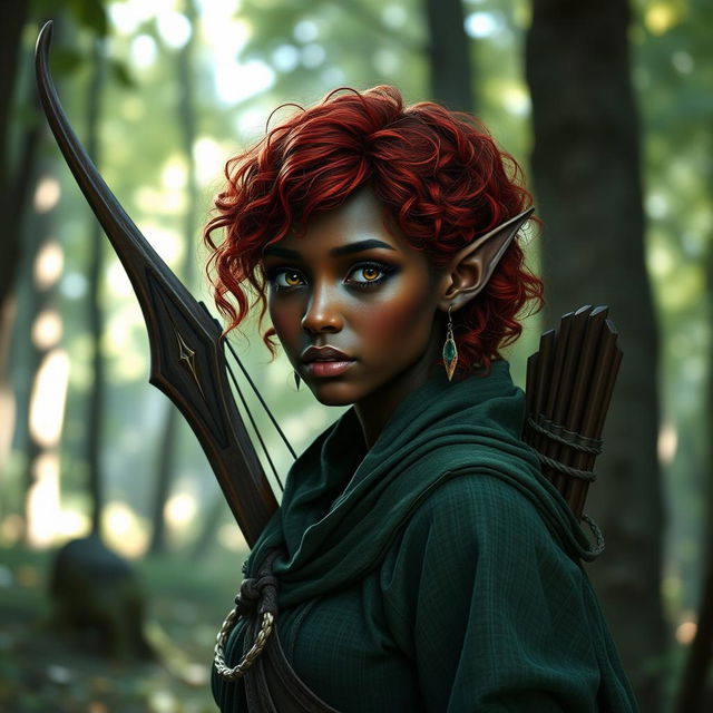 Create an image of a female elf with short, curly red hair, dark skin, dressed in ancient green attire, and carrying a bow on her back