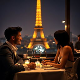 A young mixed-race man and a woman with black hair dining at a restaurant with a view of the Eiffel Tower