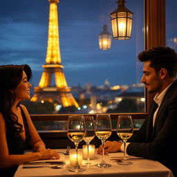 A young mixed-race man and a woman with black hair dining at a restaurant with a view of the Eiffel Tower