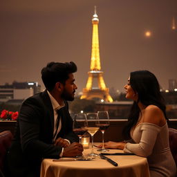 A young mixed-race man and a woman with black hair dining at a restaurant with a view of the Eiffel Tower