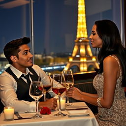 A young mixed-race man and a woman with black hair dining at a restaurant with a view of the Eiffel Tower