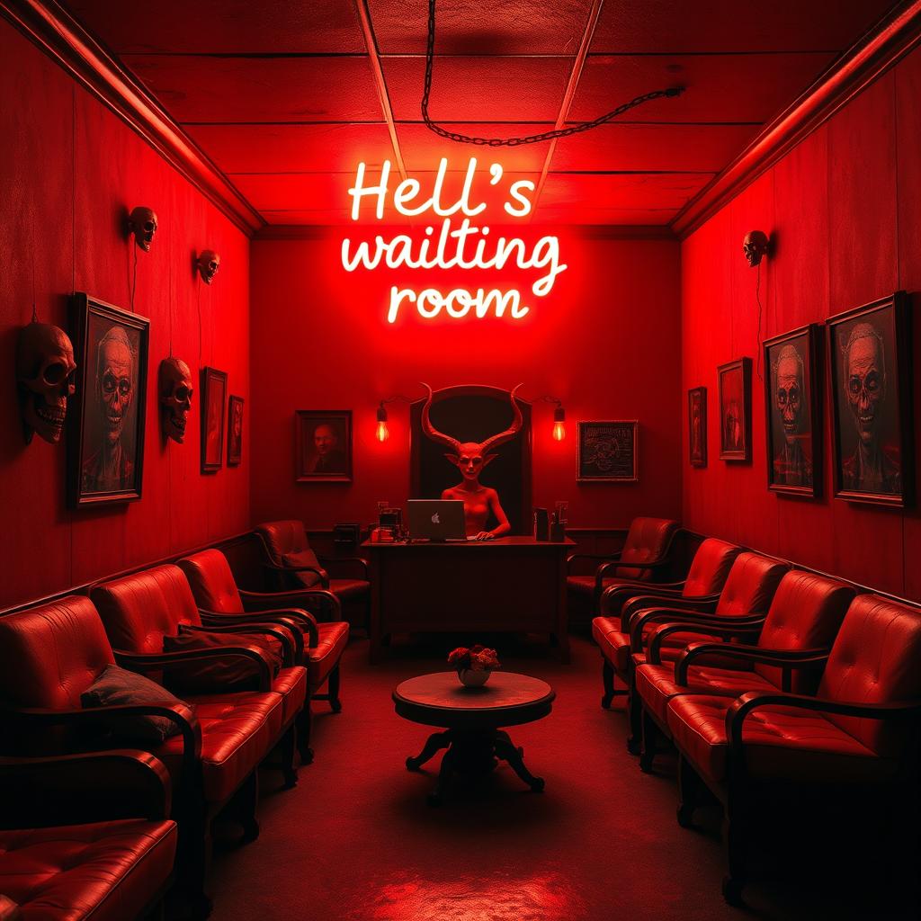 A spacious, soothing waiting room in hell, decorated in red and black