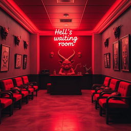 A spacious, soothing waiting room in hell, decorated in red and black