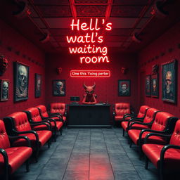 A spacious, soothing waiting room in hell, decorated in red and black