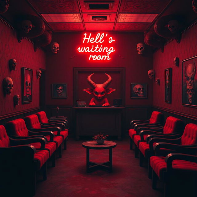 A spacious, soothing waiting room in hell, decorated in red and black