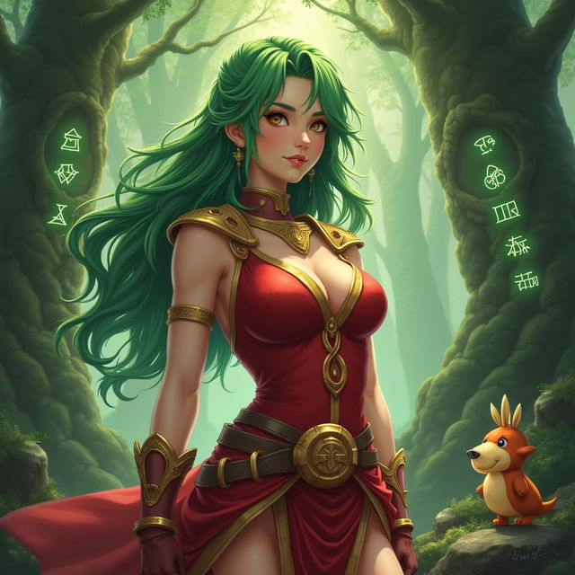 A vibrant image of Terra from Final Fantasy in a mystical forest with magical creatures, capturing her iconic look and heroic essence