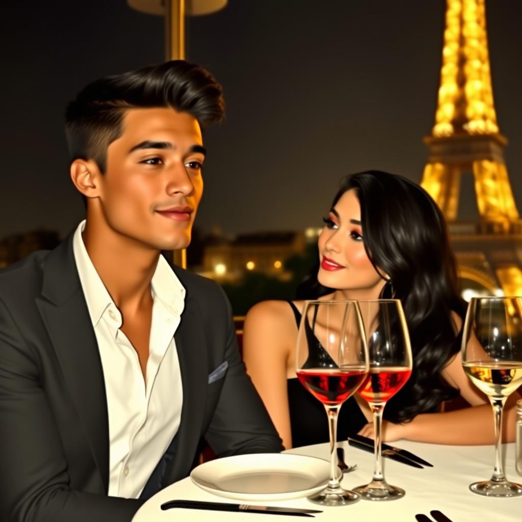 A young man with a tan complexion and a woman with black hair dining at a restaurant with a view of the Eiffel Tower