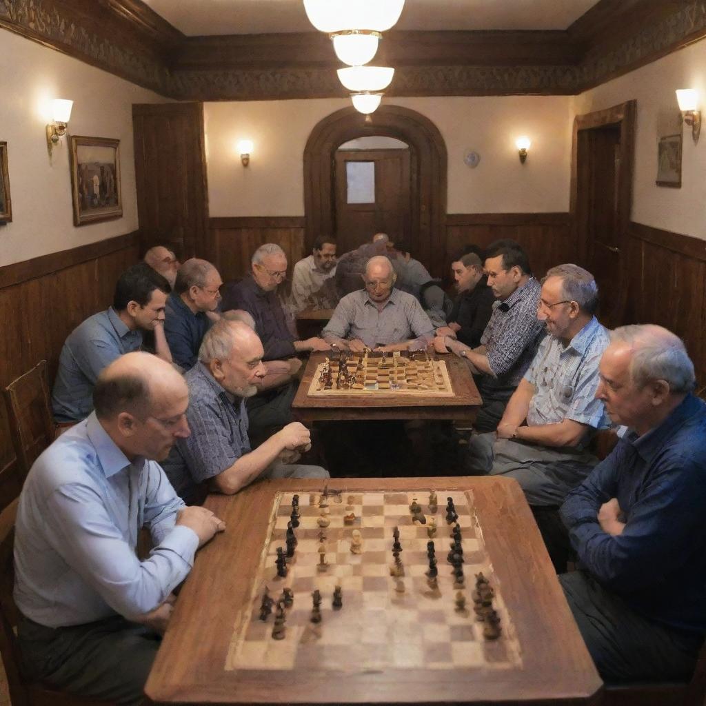 A bustling Shakh game club filled with wooden chessboards, enthusiastic players deep in thought, and vintage, old-world charm.