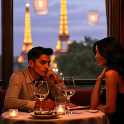 A young man with a tan complexion and a woman with black hair dining at a restaurant with a view of the Eiffel Tower