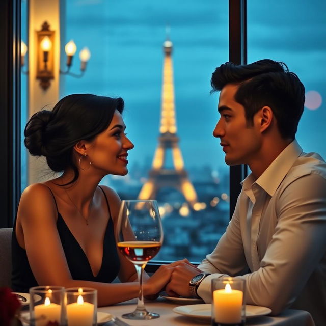 A young man with a tan complexion and a woman with black hair dining at a restaurant with a view of the Eiffel Tower