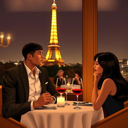 A young man with a tan complexion and a woman with black hair dining at a restaurant with a view of the Eiffel Tower