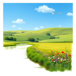 A serene landscape featuring a clear blue sky, lush green fields, and a calm river flowing through the scene