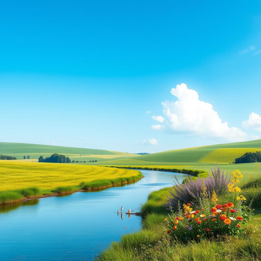 A serene landscape featuring a clear blue sky, lush green fields, and a calm river flowing through the scene