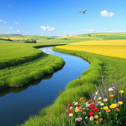 A serene landscape featuring a clear blue sky, lush green fields, and a calm river flowing through the scene