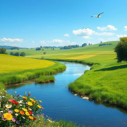 A serene landscape featuring a clear blue sky, lush green fields, and a calm river flowing through the scene