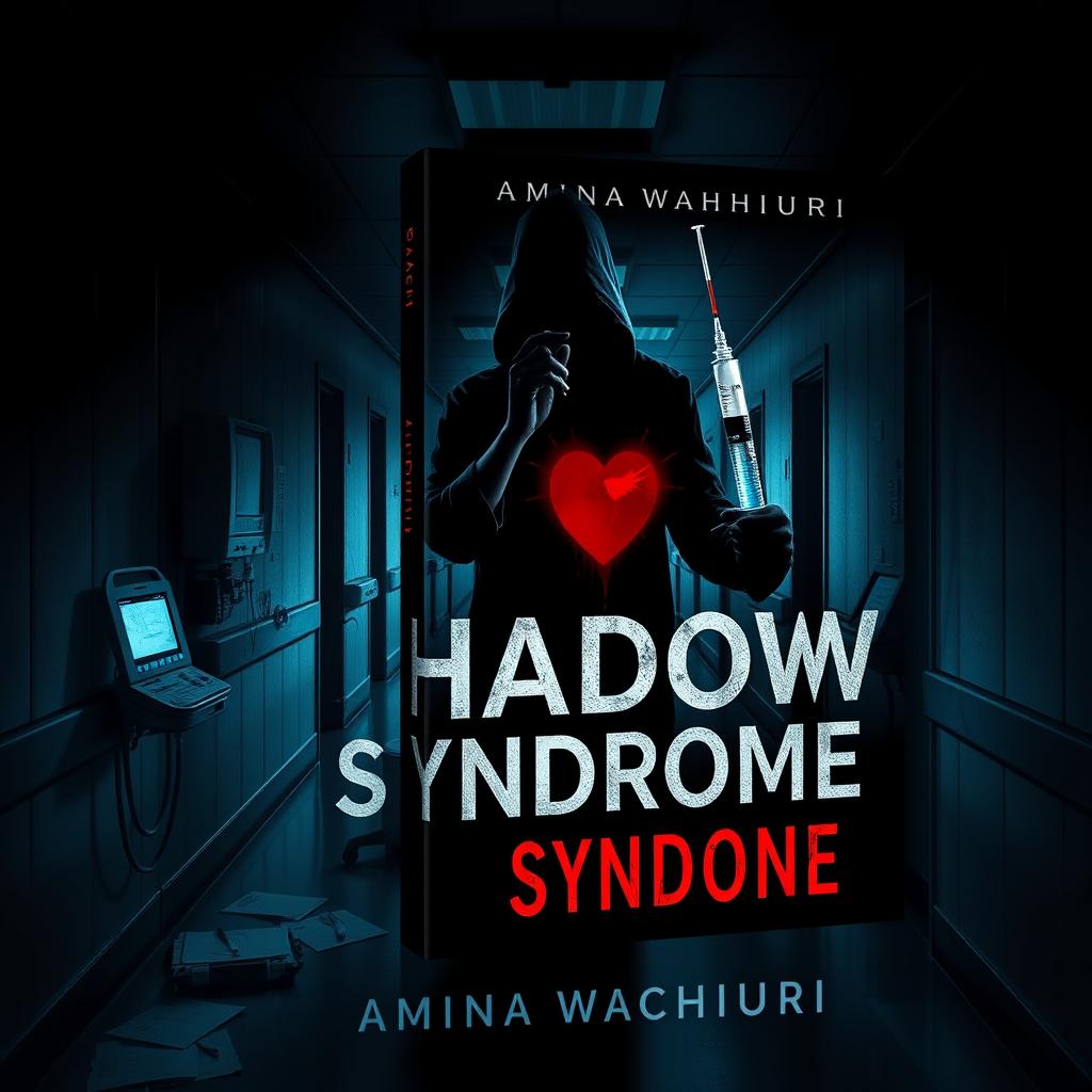 Create a dark and suspenseful book cover for a medical thriller titled 'Shadow Syndrome' by author Amina Wachiuri