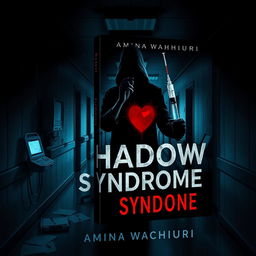 Create a dark and suspenseful book cover for a medical thriller titled 'Shadow Syndrome' by author Amina Wachiuri