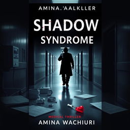 Create a dark and suspenseful book cover for a medical thriller titled 'Shadow Syndrome' by author Amina Wachiuri