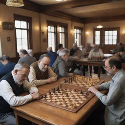 A bustling Shakh game club filled with wooden chessboards, enthusiastic players deep in thought, and vintage, old-world charm.