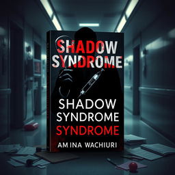 Create a dark and suspenseful book cover for a medical thriller titled 'Shadow Syndrome' by author Amina Wachiuri