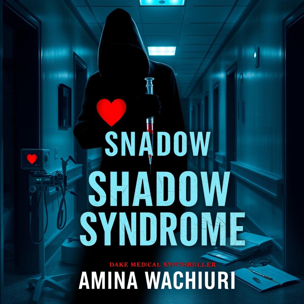 Create a dark and suspenseful book cover for a medical thriller titled 'Shadow Syndrome' by author Amina Wachiuri