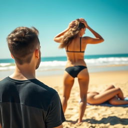 A young mixed-race man observing a beautiful woman in a black thong bikini sunbathing on the beach