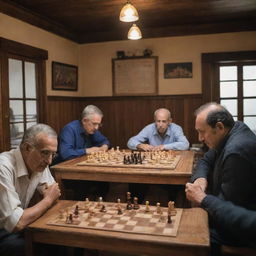 A bustling Shakh game club filled with wooden chessboards, enthusiastic players deep in thought, and vintage, old-world charm.