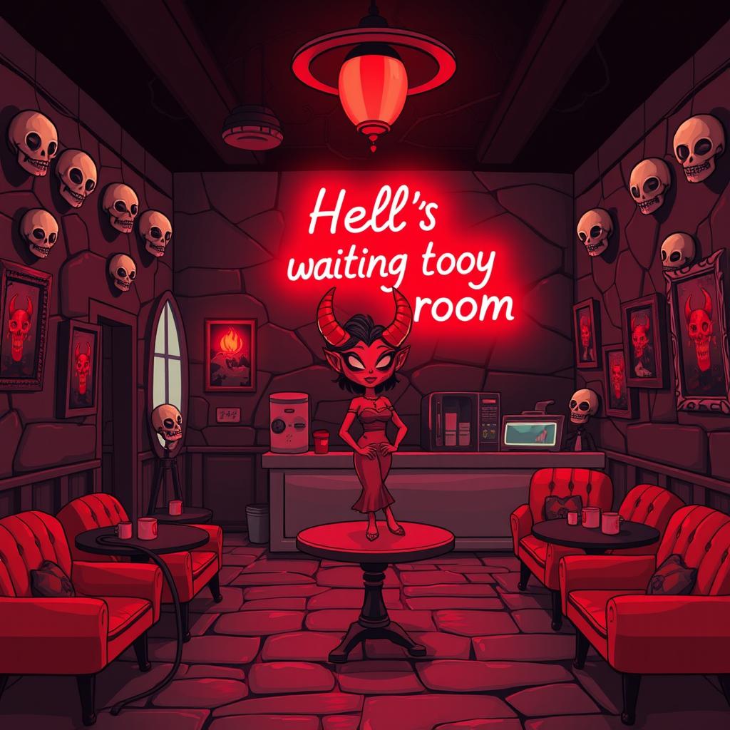 A spacious, soothing, well-illuminated café in hell, decorated in red and black