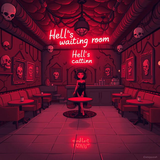 A spacious, soothing, well-illuminated café in hell, decorated in red and black
