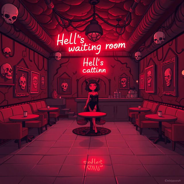 A spacious, soothing, well-illuminated café in hell, decorated in red and black