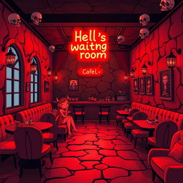 A spacious, soothing, well-illuminated café in hell, decorated in red and black