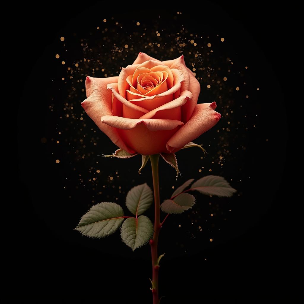 A detailed and realistic drawing of a single rose on a black background, with gold dust softly glimmering around it.