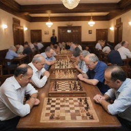 A bustling Shakh game club filled with wooden chessboards, enthusiastic players deep in thought, and vintage, old-world charm.