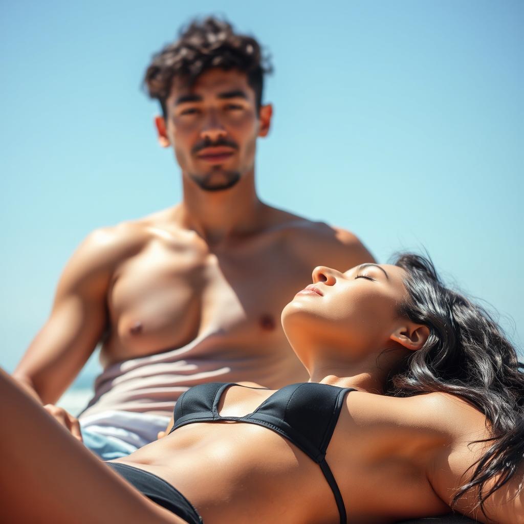 A young mixed-race man observing a beautiful Brazilian woman with black hair sunbathing