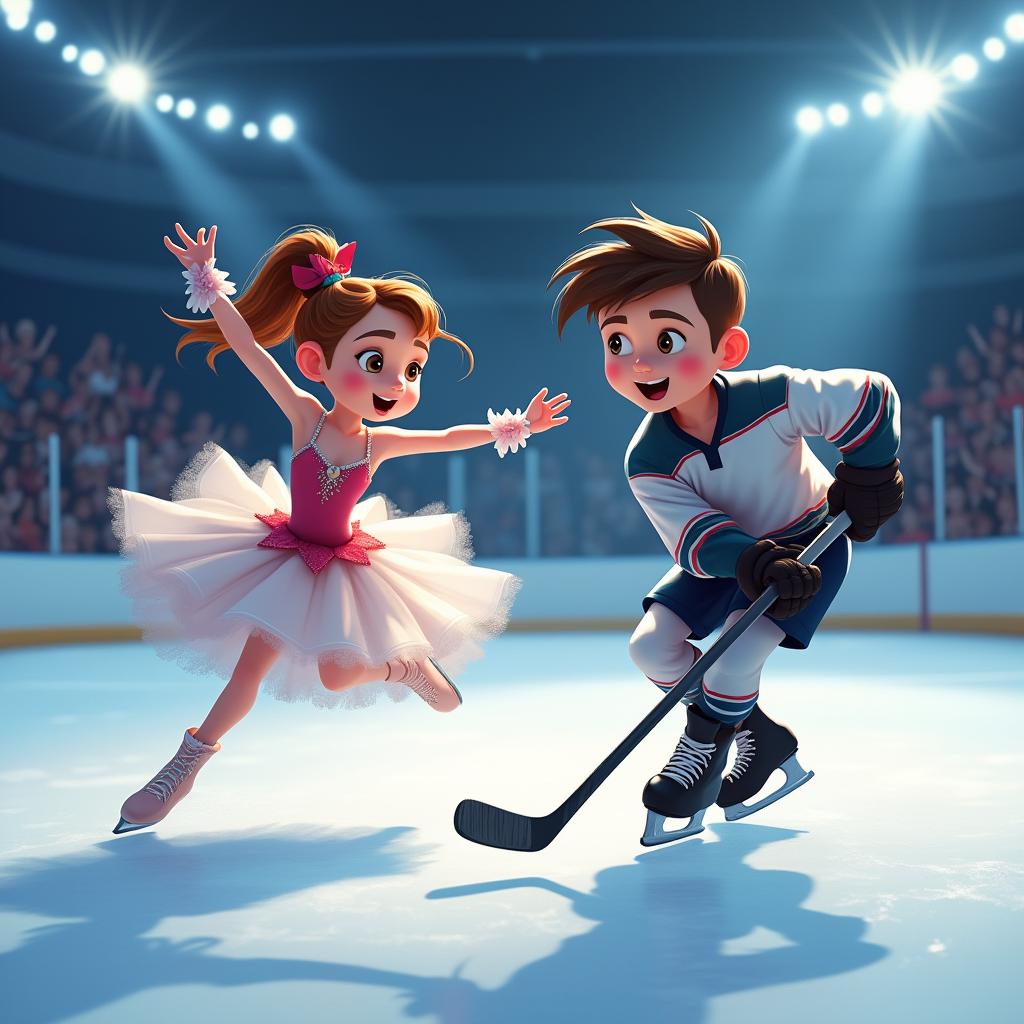 A dynamic image of a young girl figure skater and a boy hockey player on an ice rink, showcasing their passion and dedication to their sports