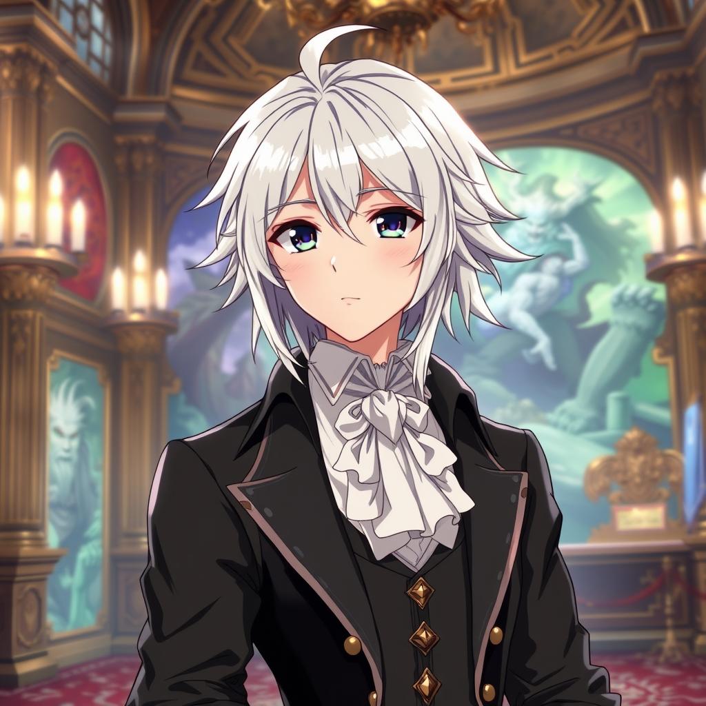 Create an anime character with silver hair, wearing the clothes of an aristocrat from the 18th century, with a Dungeons & Dragons twist