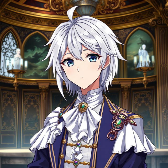 Create an anime character with silver hair, wearing the clothes of an aristocrat from the 18th century, with a Dungeons & Dragons twist