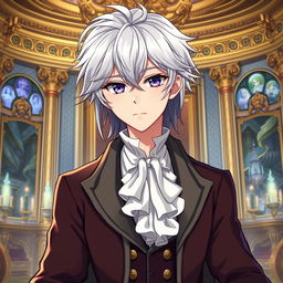 Create an anime character with silver hair, wearing the clothes of an aristocrat from the 18th century, with a Dungeons & Dragons twist