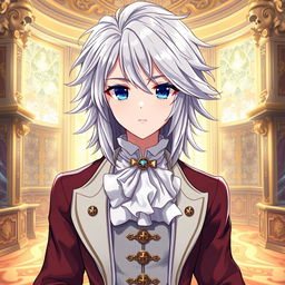 Create an anime character with silver hair, wearing the clothes of an aristocrat from the 18th century, with a Dungeons & Dragons twist