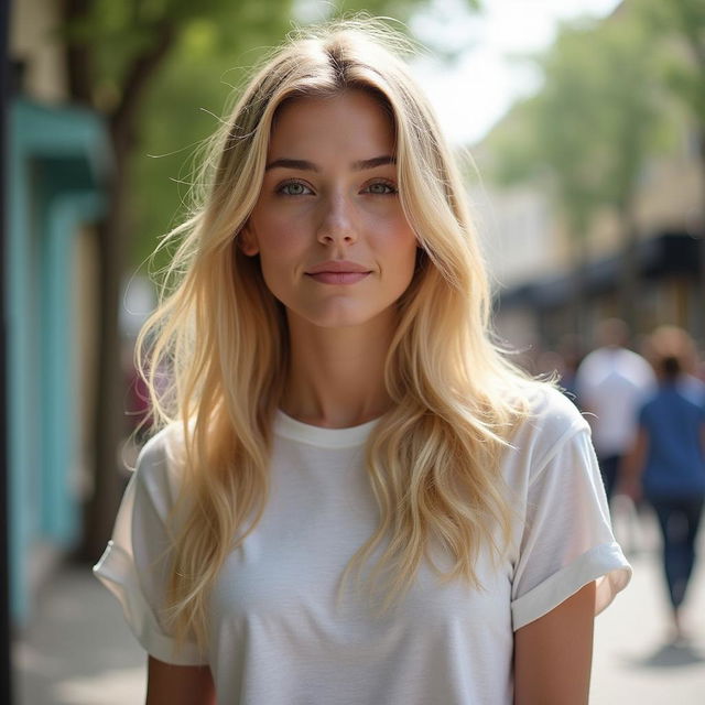 A 25-year-old blonde woman with a plain and average appearance, dressed casually in an everyday setting with natural lighting